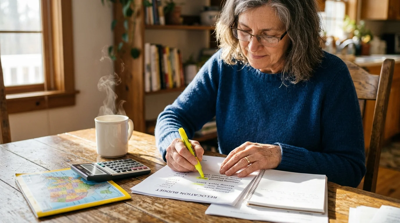 Close-up of a retired woman reviewing relocation budget documents at a rustic wooden kitchen table in warm morning light.