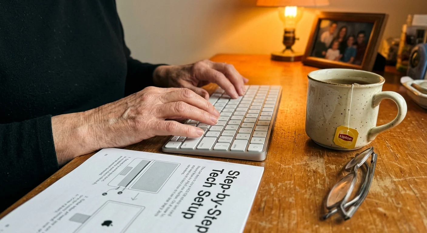 Close-up of a senior woman's hands typing on a keyboard next to a large-print tech instruction guide and reading glasses.