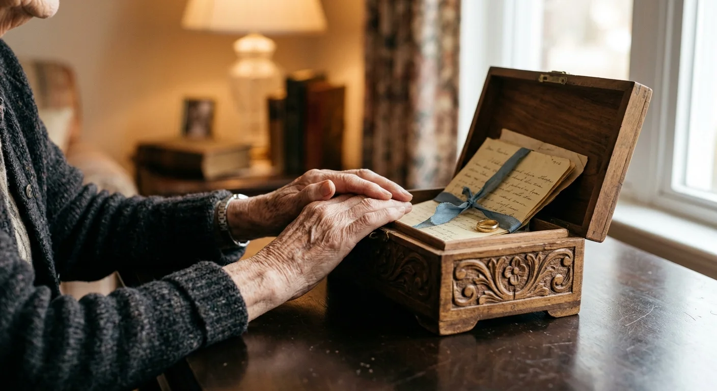 Close-up of an elderly woman's weathered hands resting on a vintage wooden keepsake box, symbolizing a lifetime of security.
