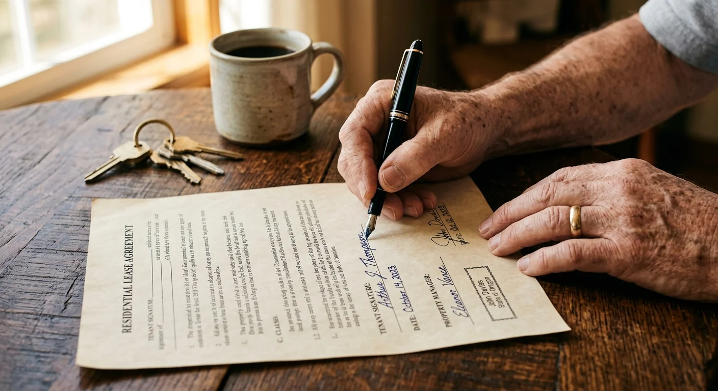Close-up of an older person's hands signing a property contract on a rustic wooden table with keys and coffee nearby.