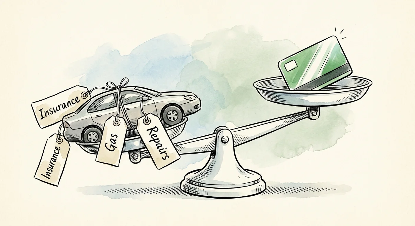 Ink and watercolor illustration of a balance scale showing a heavy car with expense tags outweighed by a light transit card.