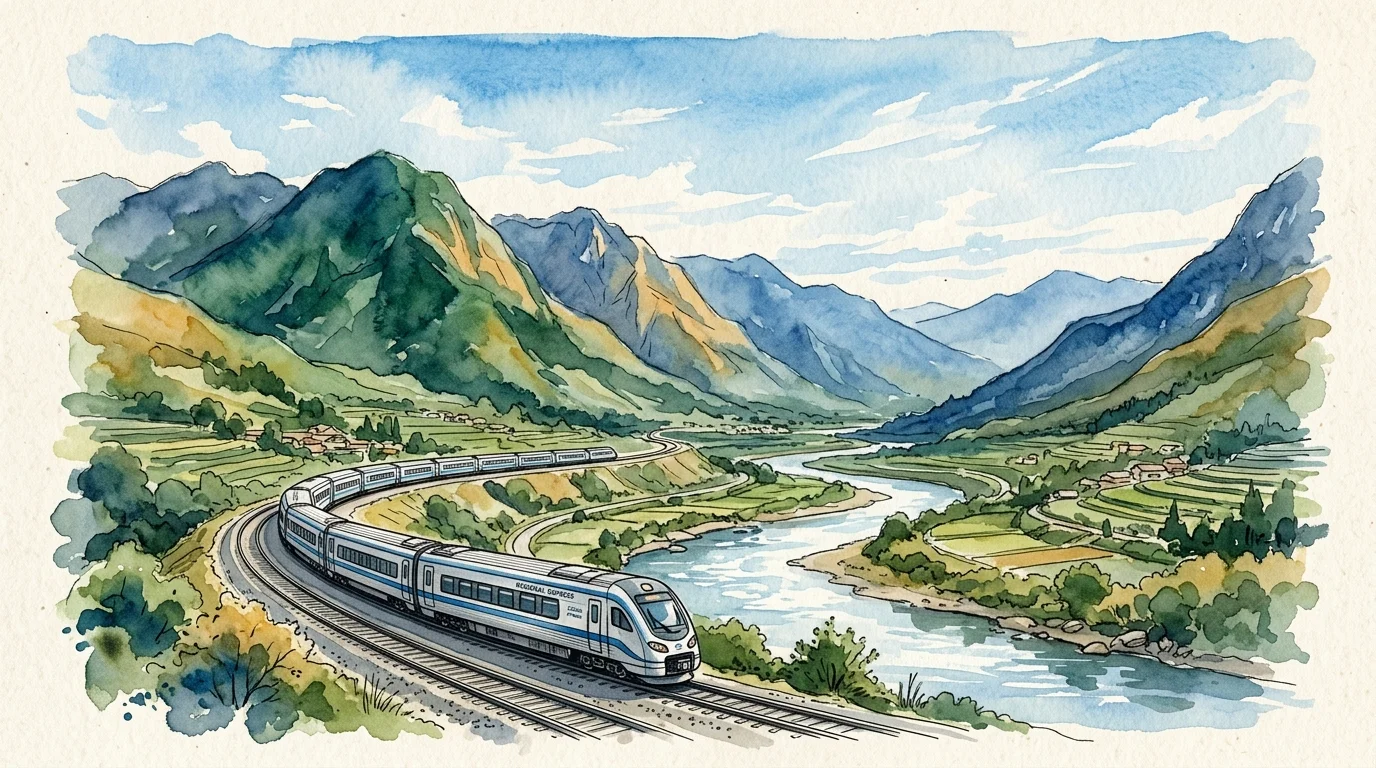 Ink and watercolor landscape illustration of a passenger train traveling through a scenic mountain valley next to a river.