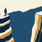 Minimalist illustration of a tiny golden block labeled $1,000 at the edge of a vast canyon, symbolizing the retirement savings gap.