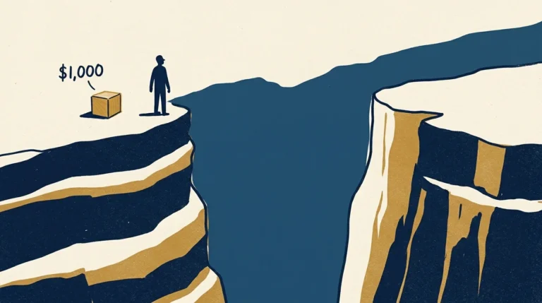 Minimalist illustration of a tiny golden block labeled $1,000 at the edge of a vast canyon, symbolizing the retirement savings gap.