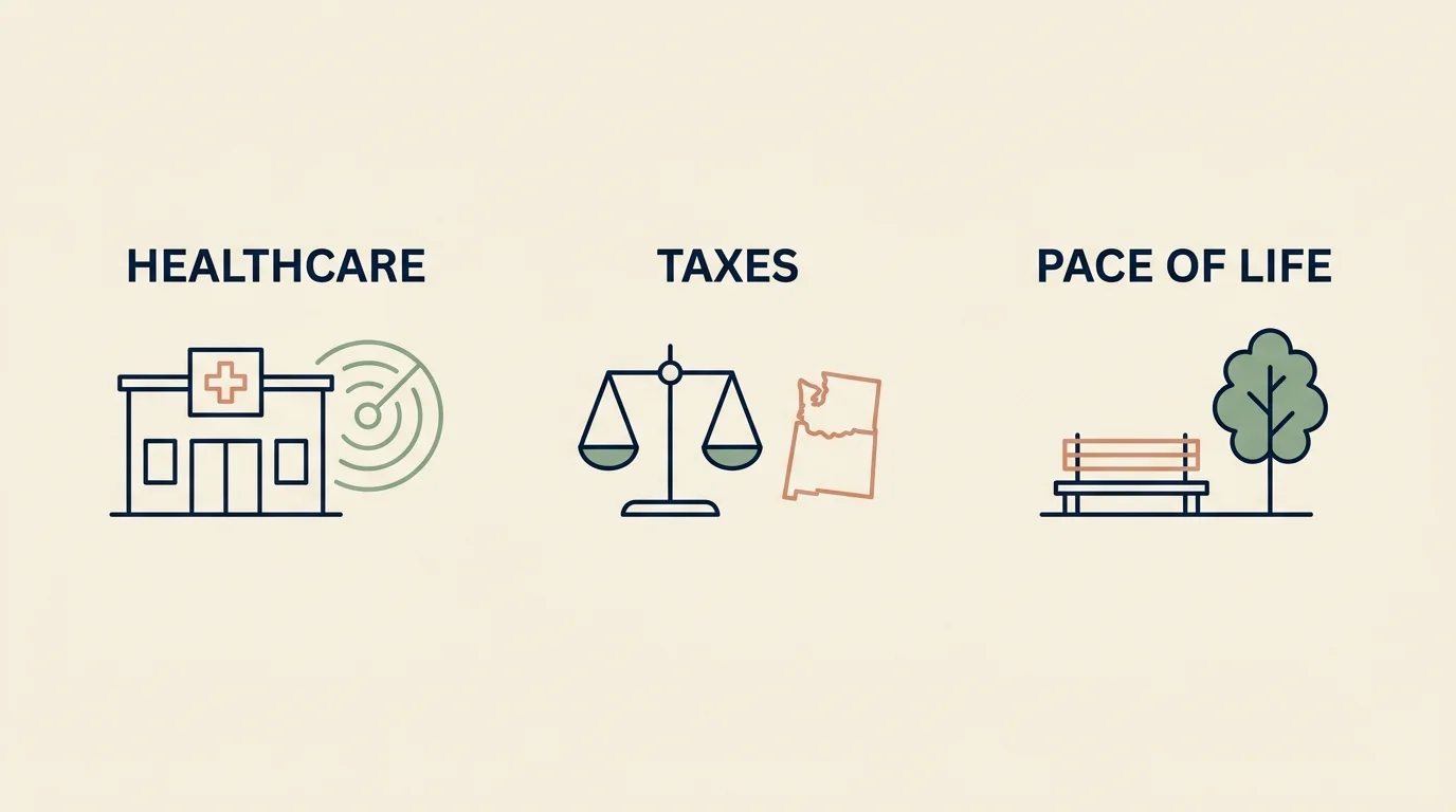 Minimalist three-column infographic outlining the essentials of retirement: Healthcare, Taxes, and Pace of Life.