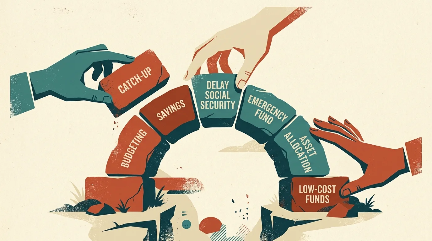 Screenprint illustration of hands assembling a stone archway with blocks labeled 'Catch-Up' and 'Delay Social Security'.