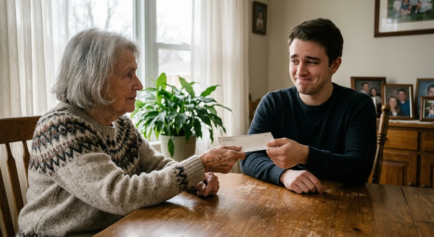 A candid photo of a grandmother handing a check to her adult grandson at a sunlit dining table.