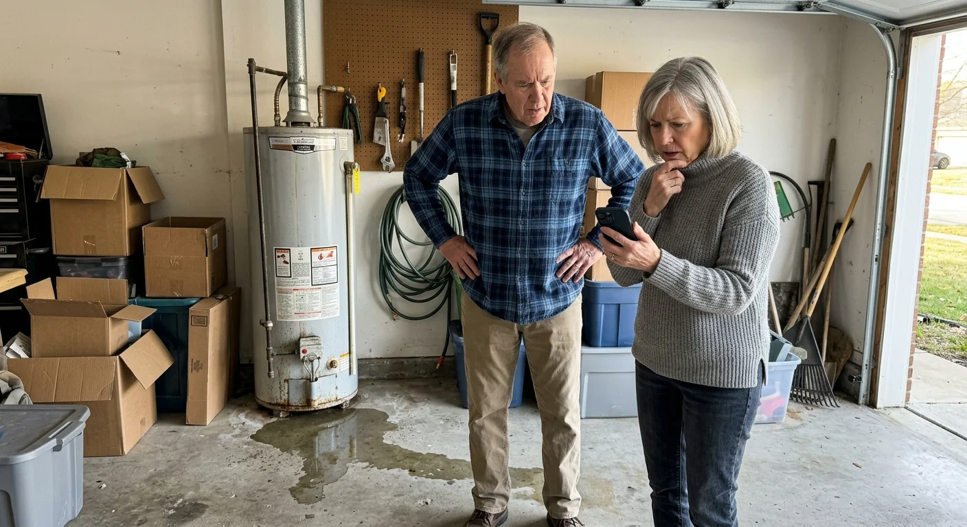 A candid photo of a retired couple discovering a leaking water heater in their garage, looking worriedly at a phone for help.