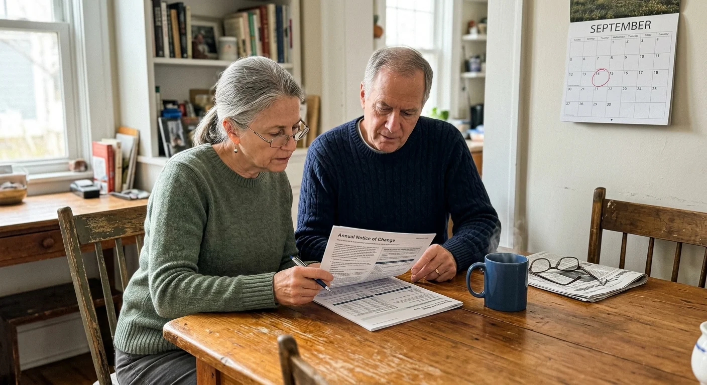 A candid photograph of an older couple at their kitchen table reviewing their Medicare Annual Notice of Change document.
