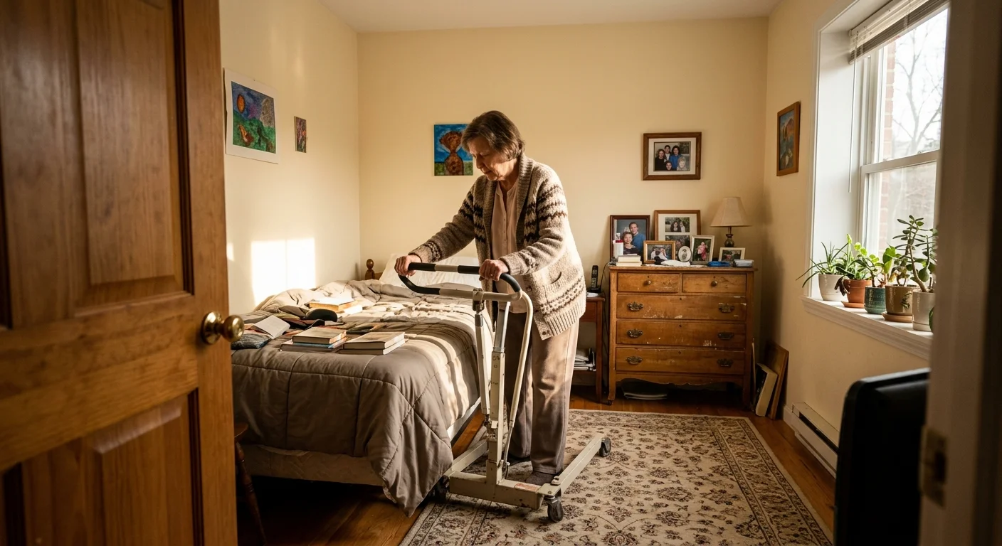 A candid snapshot of an older woman using a patient lift inside her sunlit home bedroom.