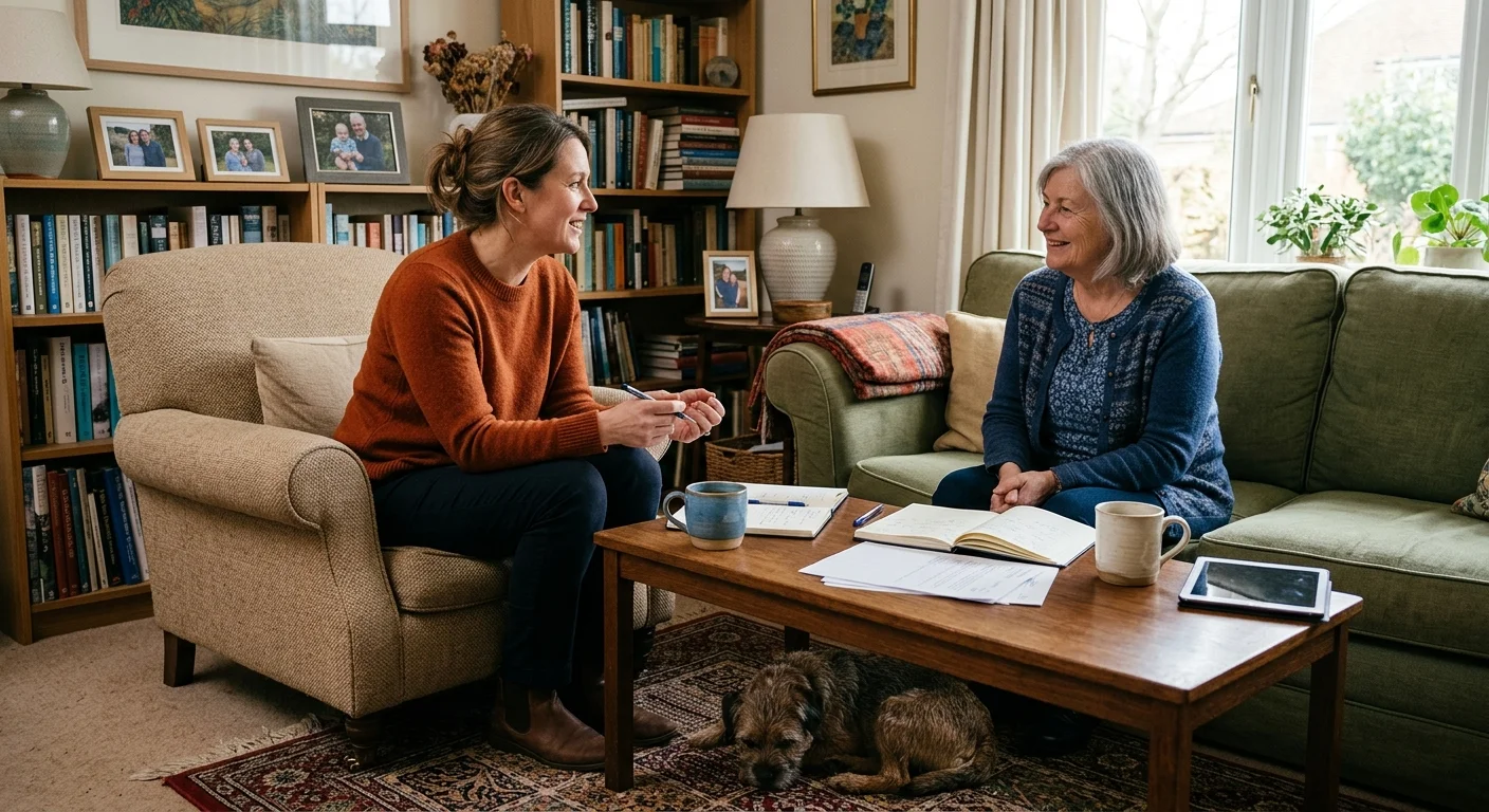 A casual, comfortable meeting between a client and an advisor in a cozy home living room discussing paperwork.