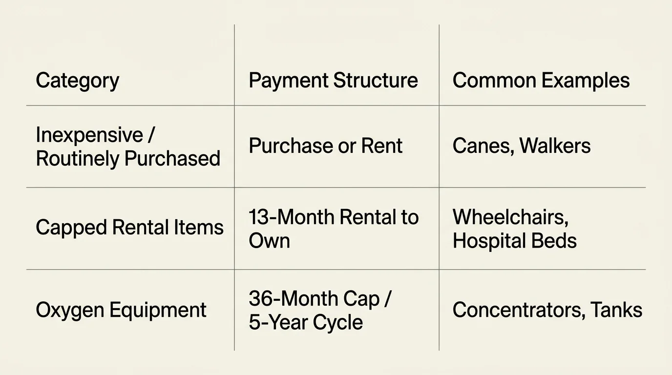 A clean comparative table mapping different Medicare durable medical equipment categories to their payment rules and examples.