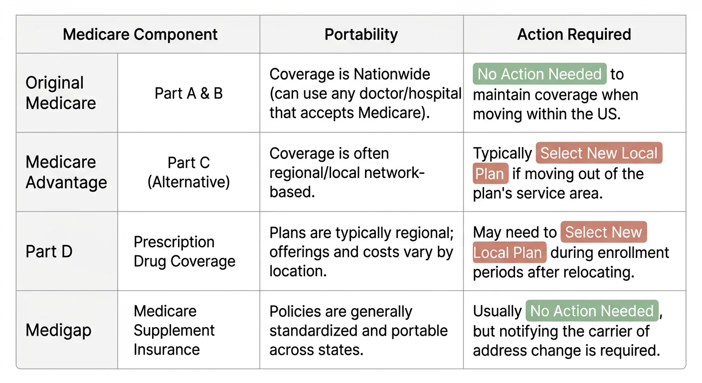A clean comparative table showing portability and action steps for Original Medicare, Advantage, Part D, and Medigap.