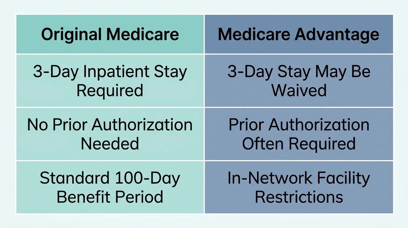A clean comparison table comparing Original Medicare and Medicare Advantage coverage rules for skilled nursing.
