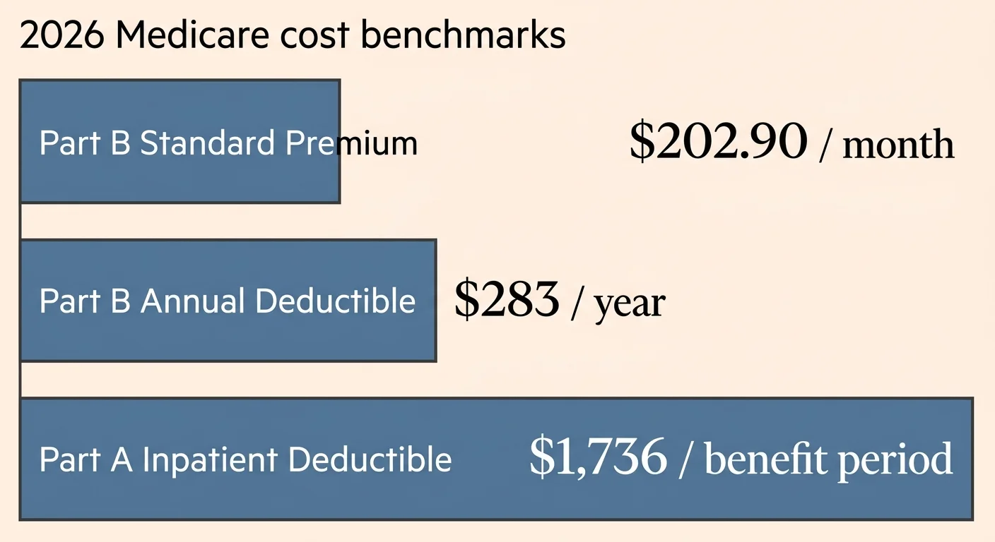 A clean financial chart detailing the 2026 Medicare costs: $202.90 Part B premium, $283 Part B deductible, and $1,736 Part A deductible.