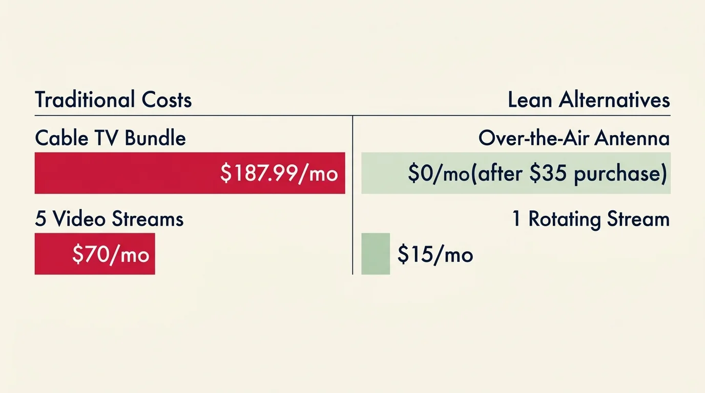 A clean horizontal bar chart comparing expensive cable and streaming costs against zero-cost antenna and rotating alternatives.