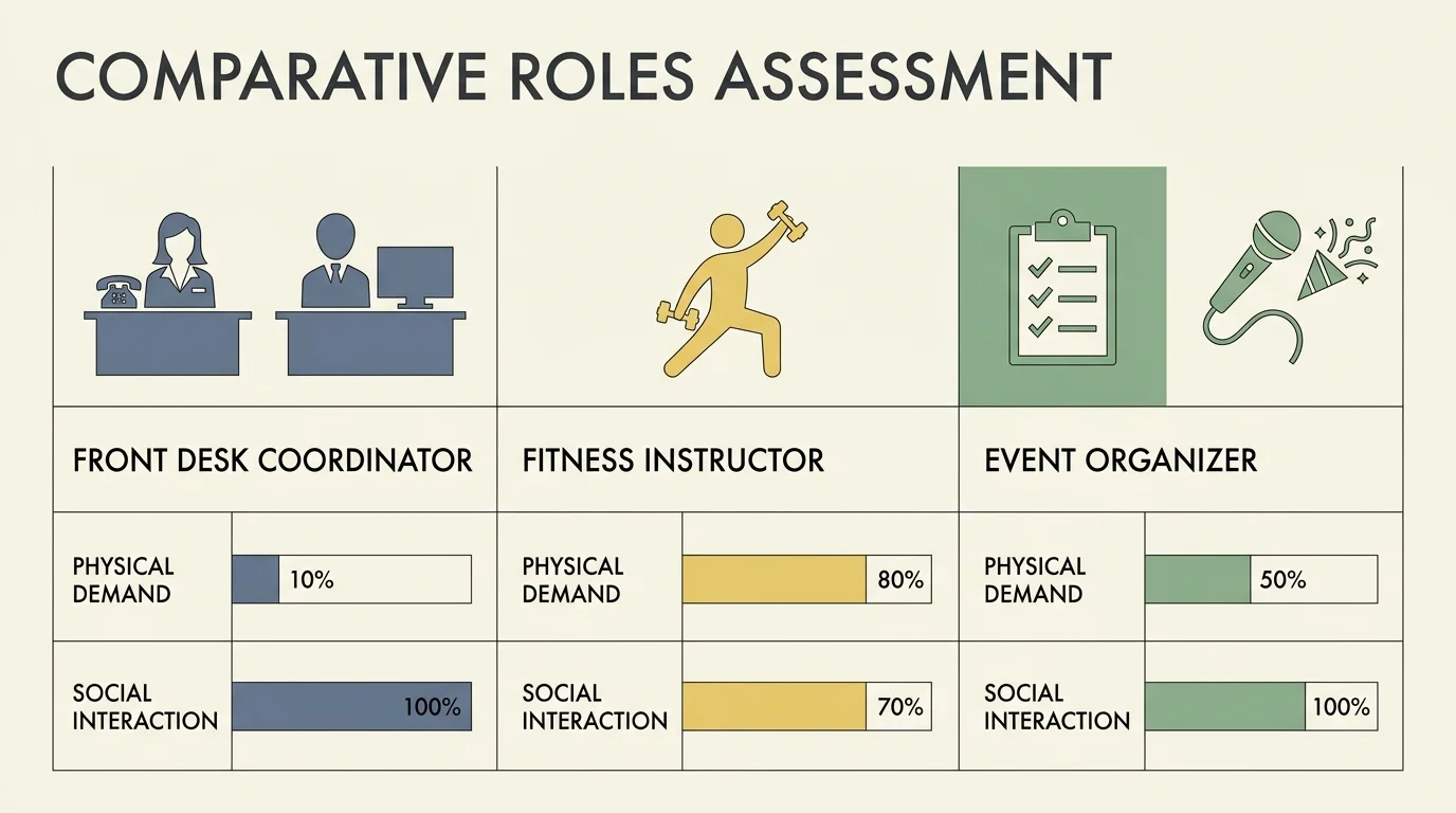 A clean, horizontal diagram comparing different community center roles by physical demand, average pay, and social interaction.