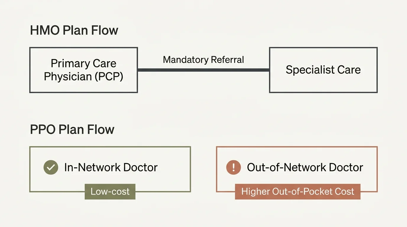 A clean, horizontal flowchart comparing the referral and cost structures of HMO and PPO Medicare plans.