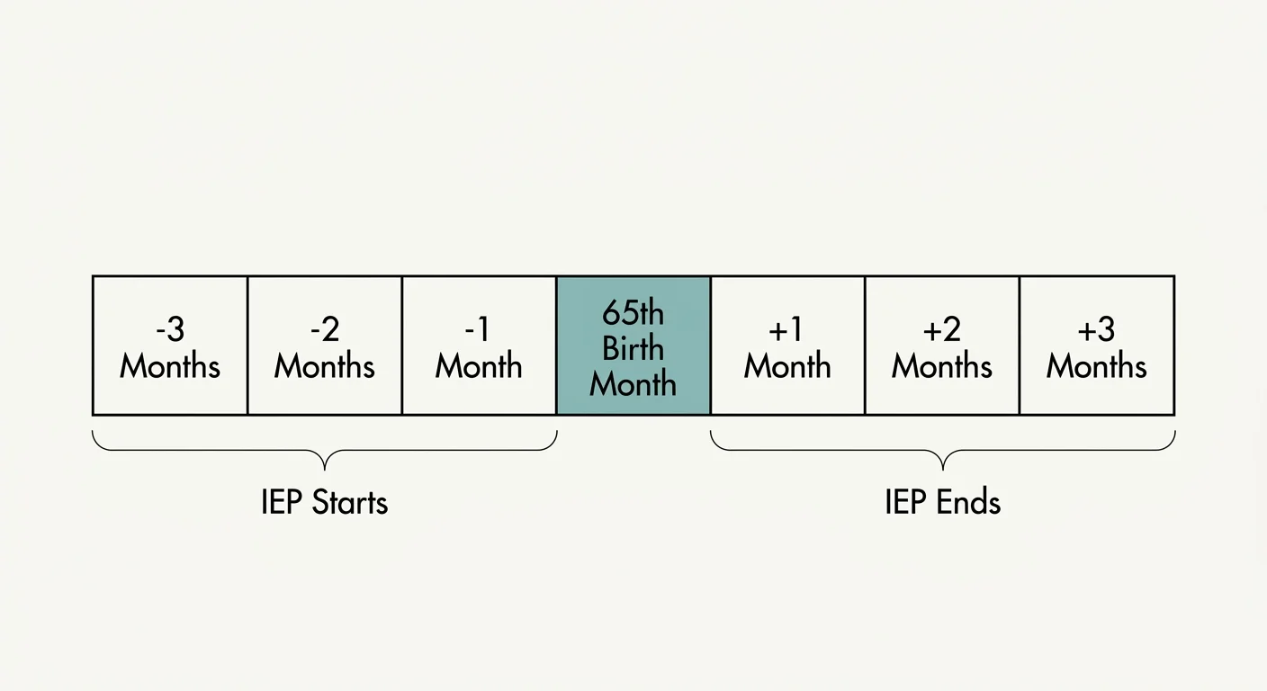 A clean horizontal timeline diagram illustrating the seven-month Medicare Initial Enrollment Period surrounding a 65th birthday.