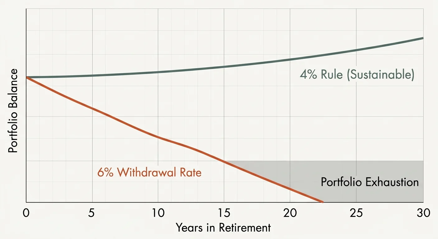 A clean line graph comparing a sustainable 4 percent retirement withdrawal rate against a declining 6 percent withdrawal rate.