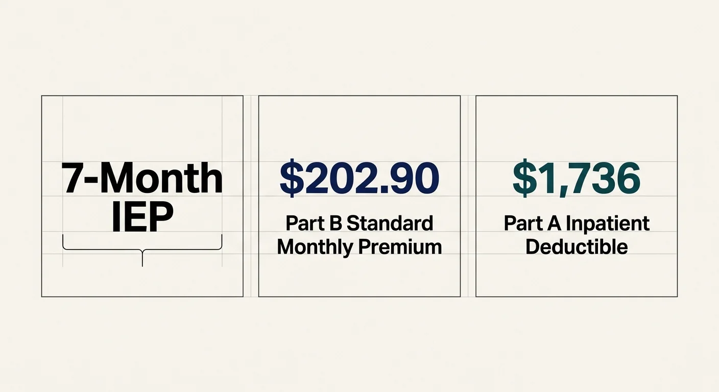 A clean minimalist data panel showing the 7-month enrollment period, $202.90 Part B premium, and $1,736 Part A deductible.