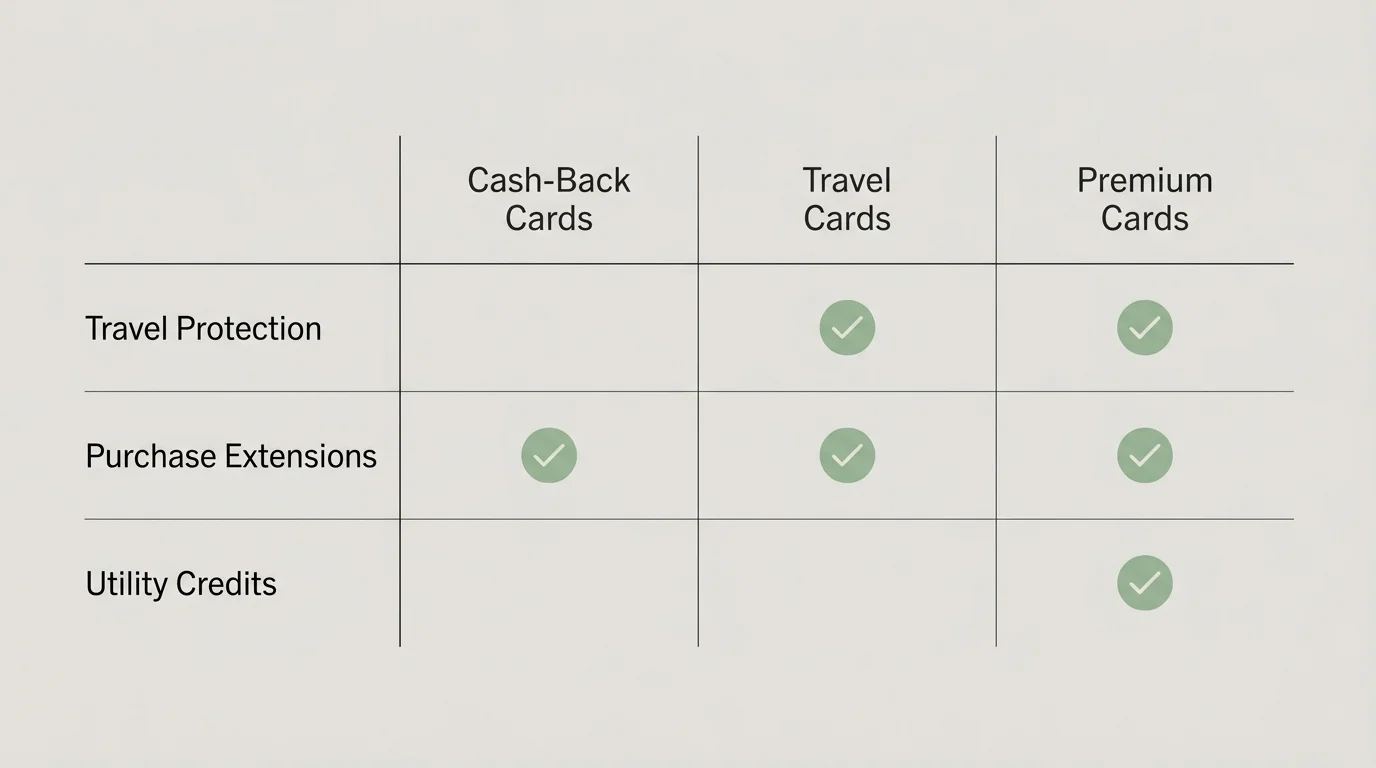 A clean, modern comparison matrix showing which perks apply to cash-back, travel, and premium credit cards.