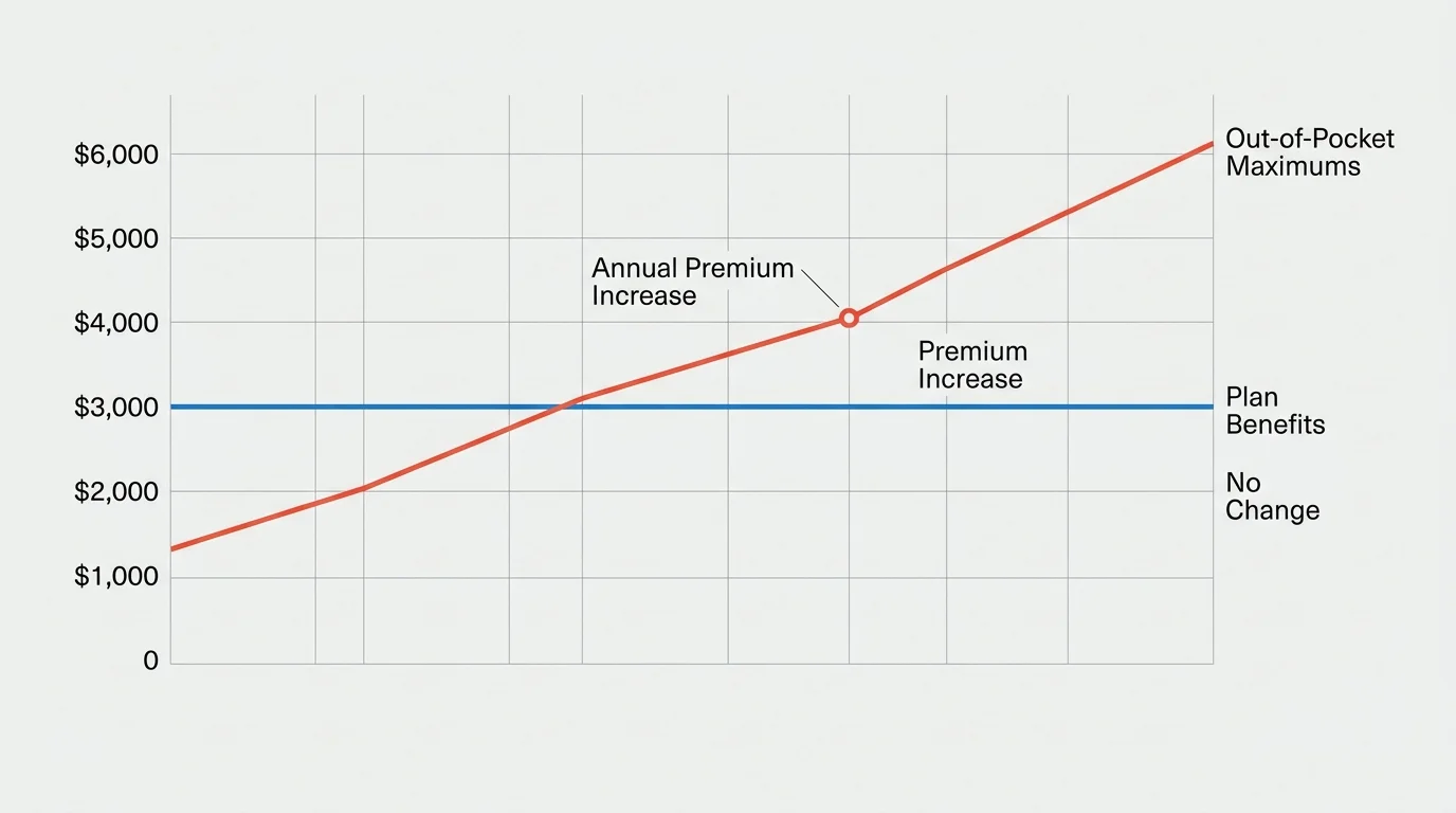 A clean, modern line graph comparing rising out-of-pocket maximums and premiums against stable plan benefits.