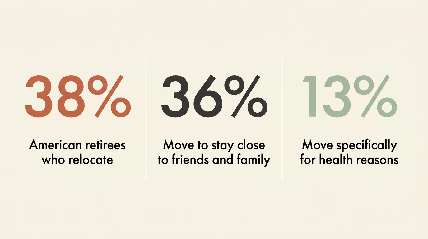 A clean, three-column horizontal infographic showing retirement relocation statistics: 38% relocate, 36% move for family, 13% for health.