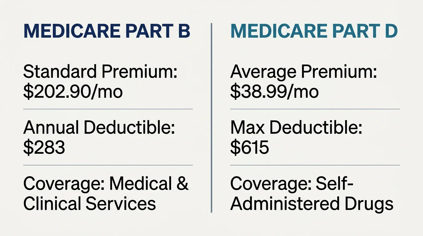 A clear comparison diagram showing 2026 premiums and deductibles side-by-side for Medicare Part B and Part D.