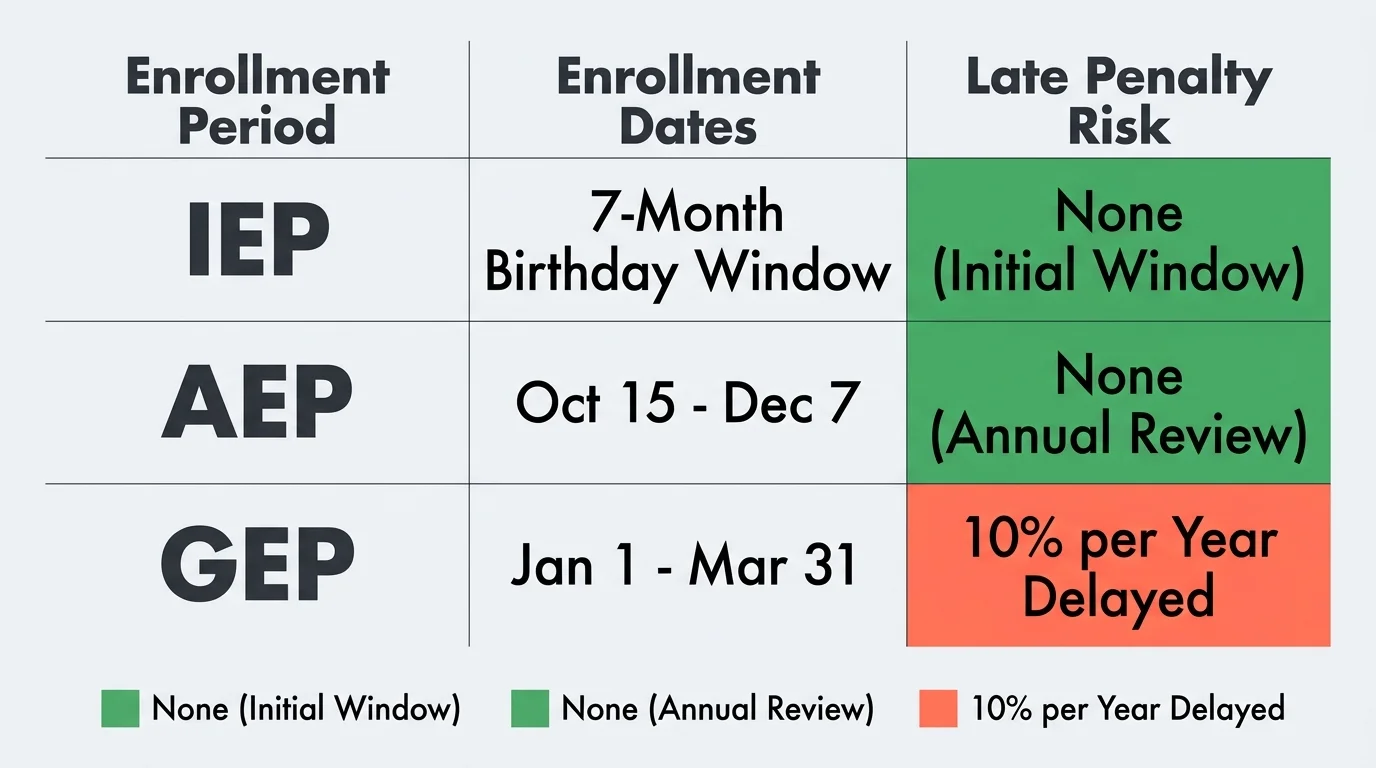 A clear comparison matrix diagram displaying dates and penalty risks for Medicare IEP, AEP, and GEP windows.