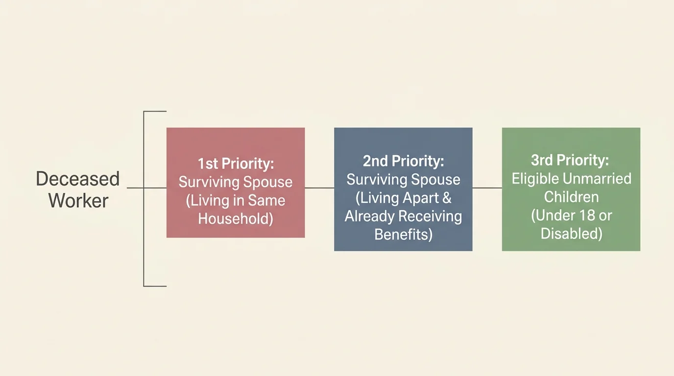 A clear, horizontal flow diagram illustrating the three priority tiers for receiving the Social Security death benefit.