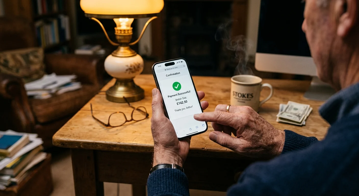 A close-up, first-person view of a retired man using a smartphone to make a secure online tax payment in a warmly lit home office.