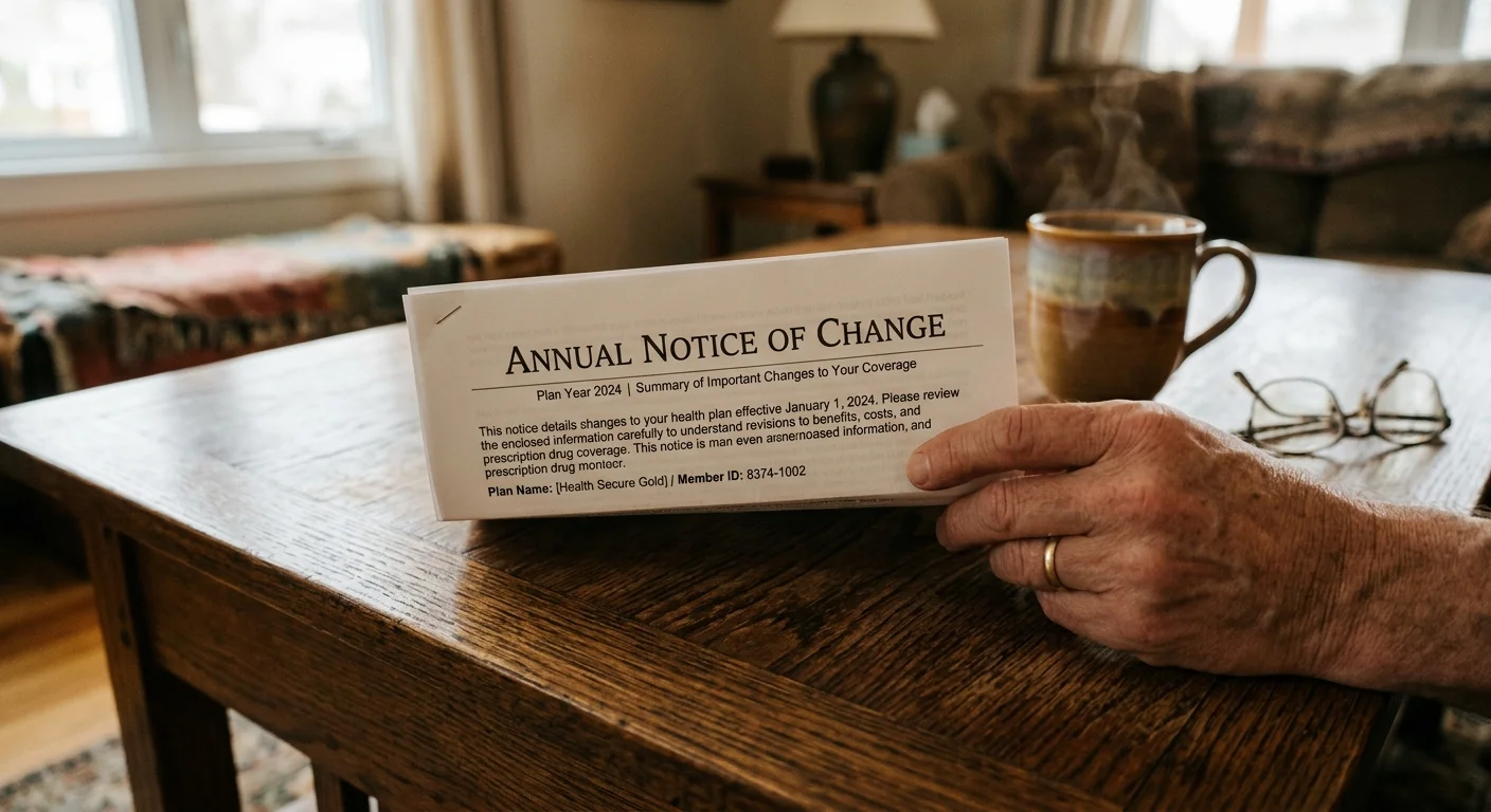 A close-up, natural photo of mature hands holding an Annual Notice of Change document on a wooden table.