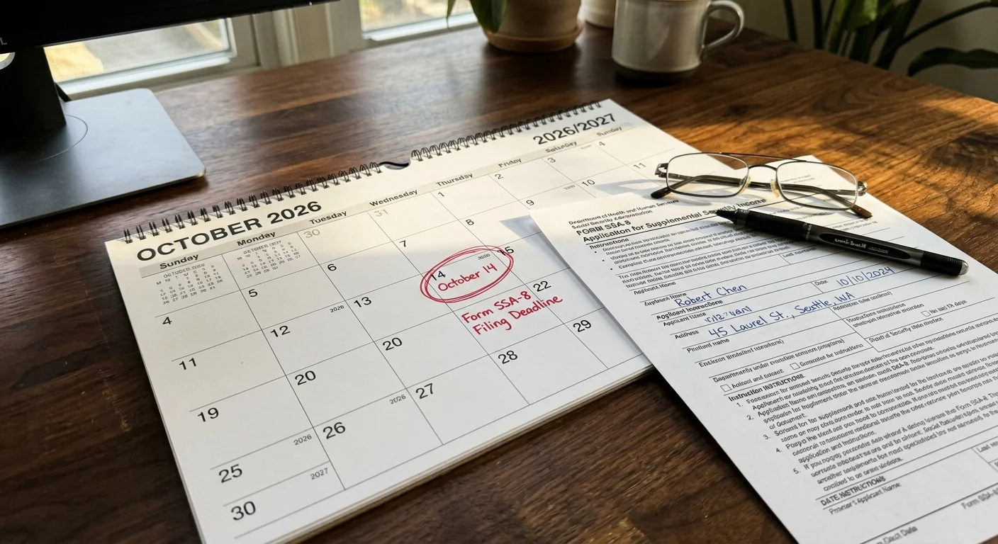 A close-up of a calendar with a circled deadline next to an official Form SSA-8 document on a wooden desk.