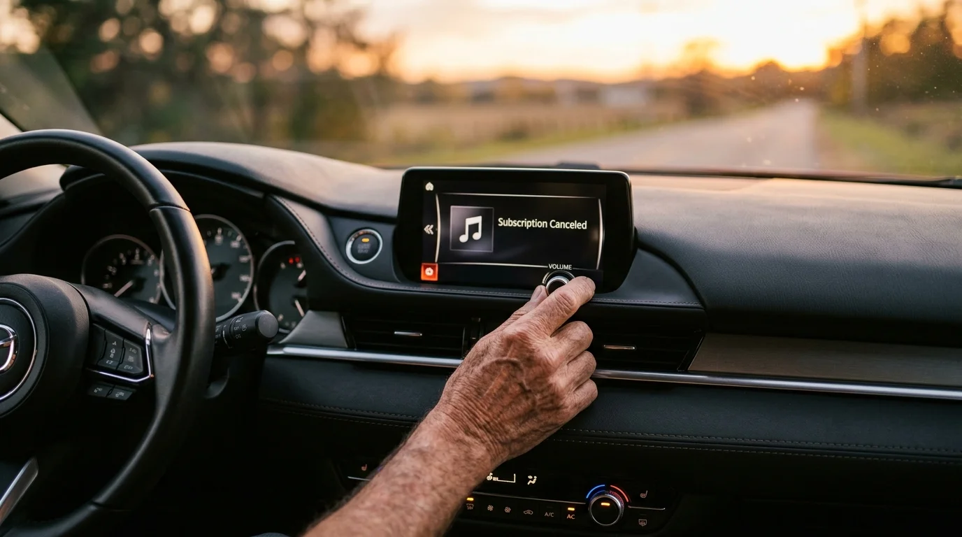 A close-up of a car dashboard screen displaying a Subscription Canceled notification, with a hand turning off the power dial.