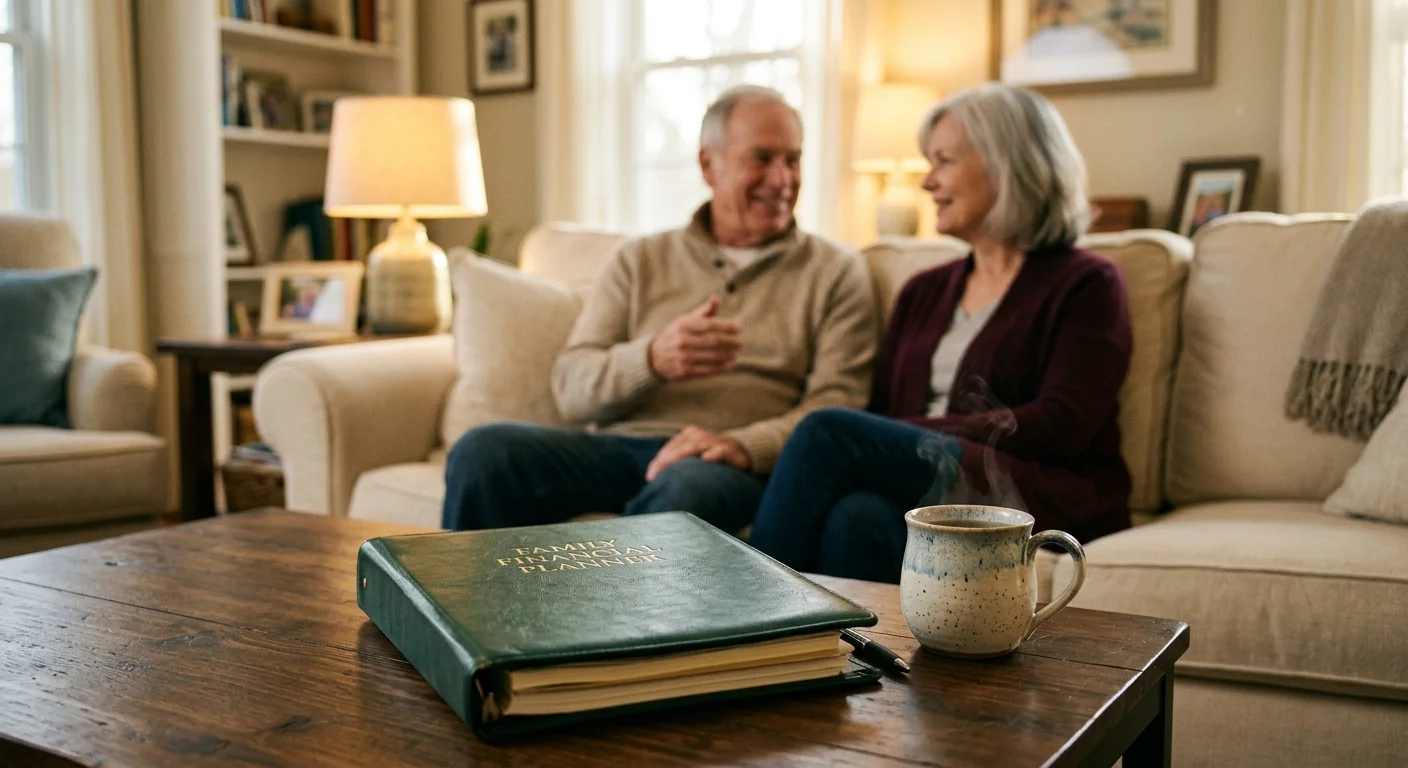 A close-up of a financial planner binder on a table with a senior couple sitting comfortably on a couch in the background.