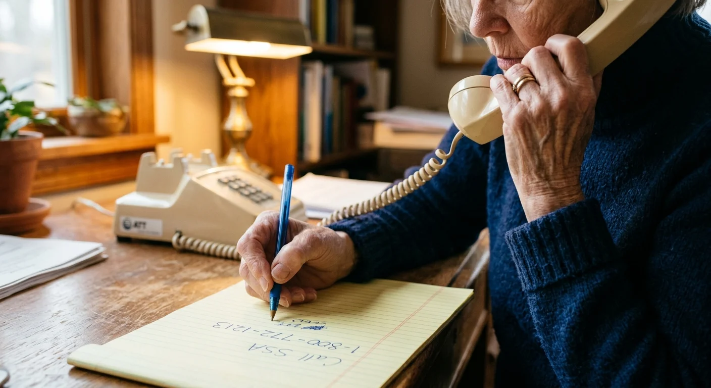 A close-up of a person's hands holding a phone receiver and writing down the Social Security phone number on a notepad.