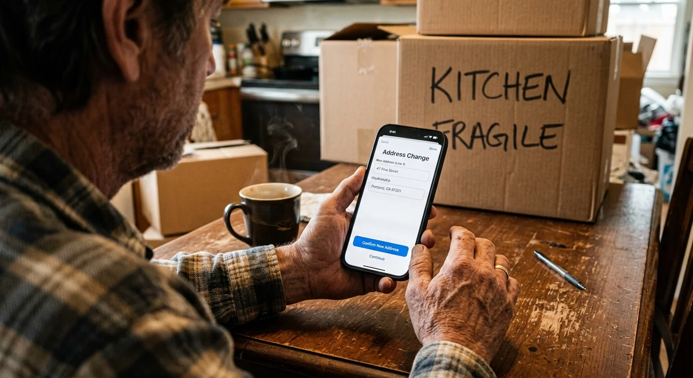 A close-up of an older man's hands using a smartphone to update his address online, with moving boxes in the background.