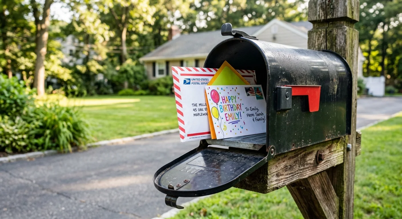 A close-up of an open metal mailbox containing a red-and-white envelope and colorful birthday cards in soft morning light.