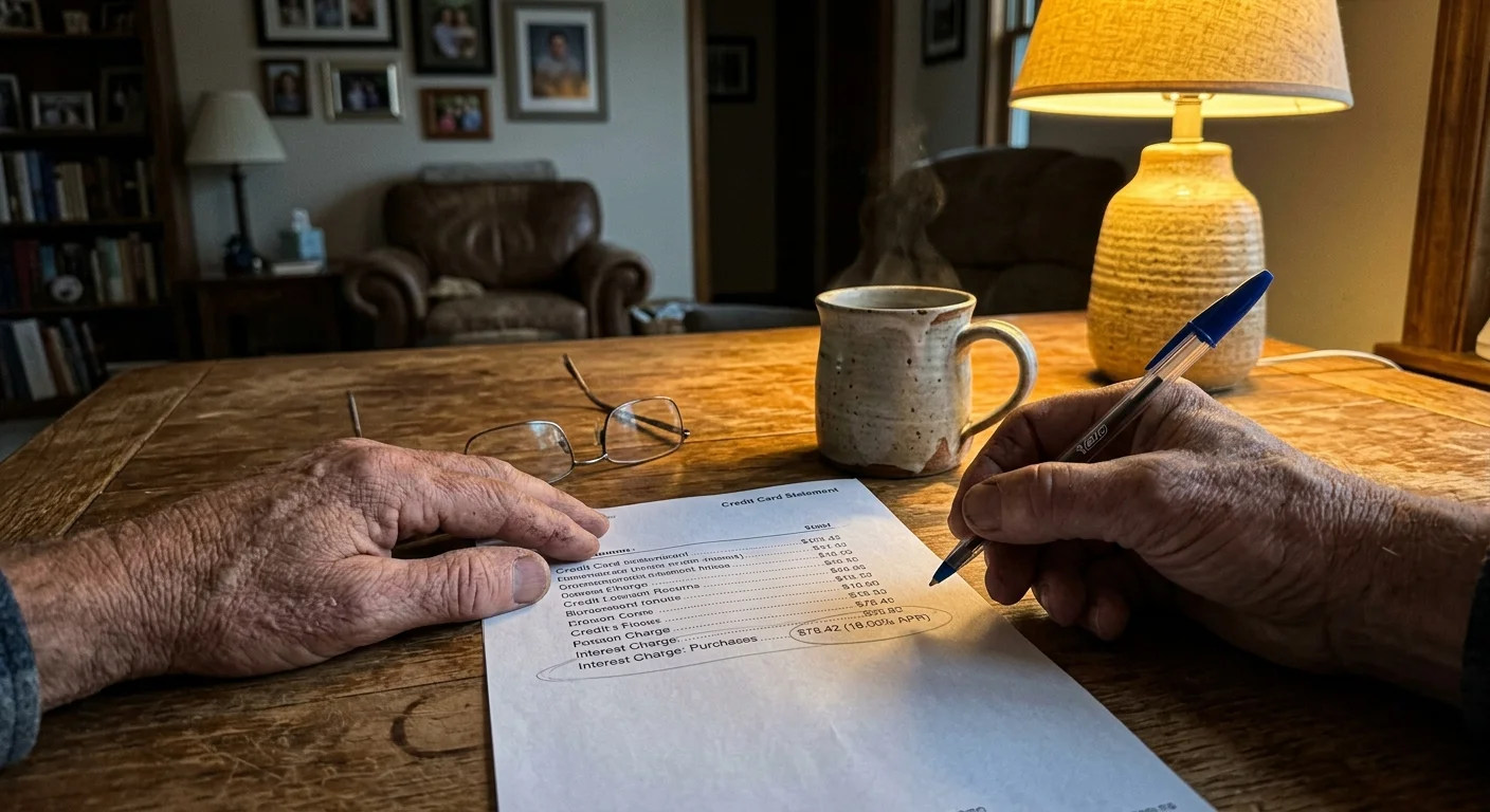 A close-up photo of a retired man's hands reviewing a credit card bill showing an 18 percent APR at a warm kitchen table.