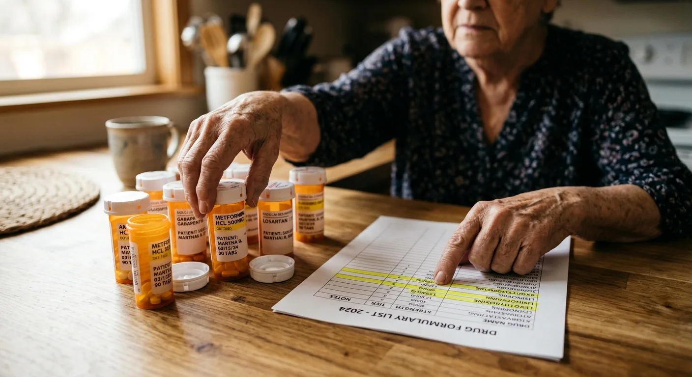 A close-up photo of a senior's hands reviewing medication bottles next to a highlighted paper list of drug formularies.