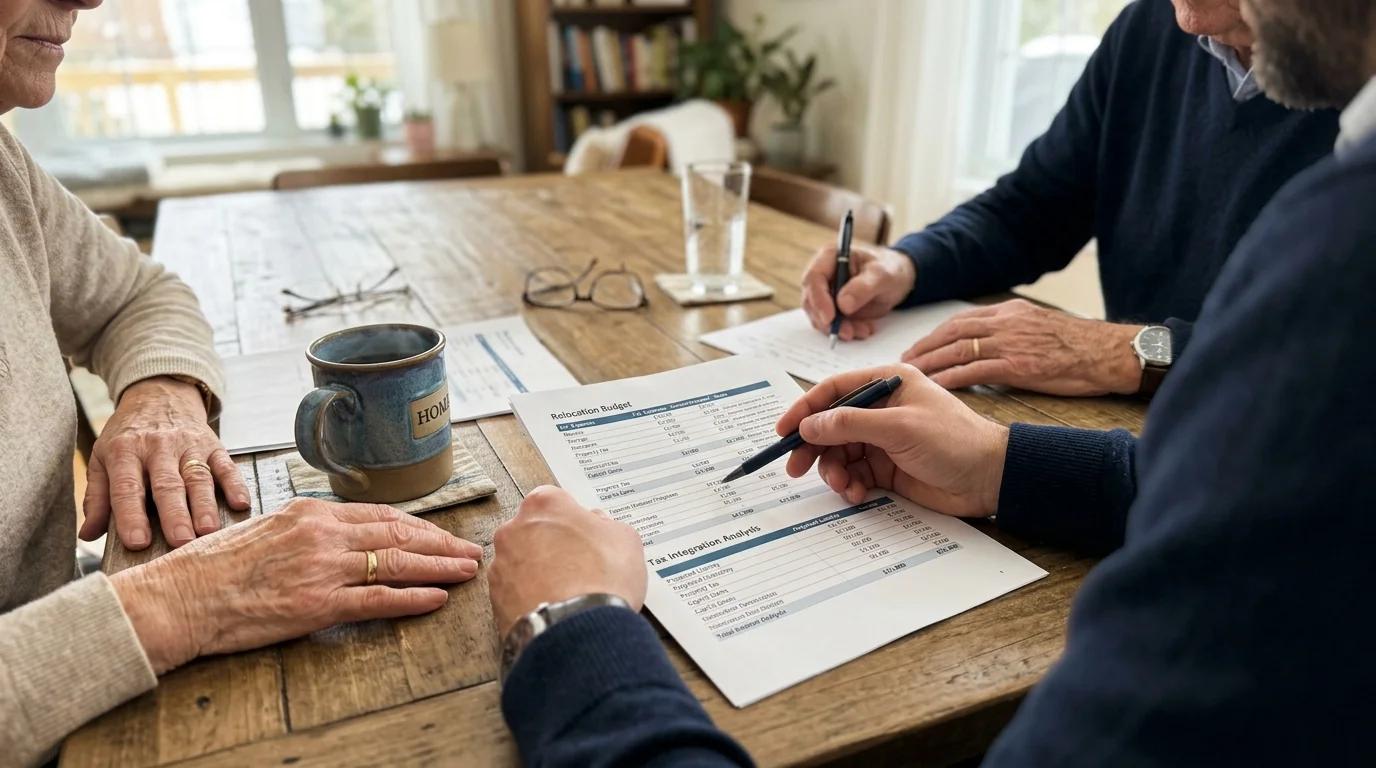 A close-up photograph of a financial advisor's hands pointing to relocation budget documents on a kitchen table with a couple.