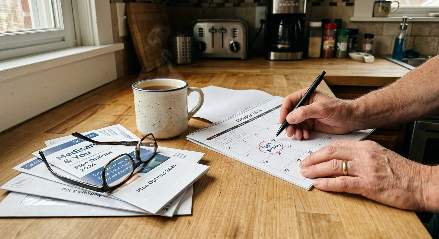 A close-up photograph of a hand circling a 65th birthday on a calendar next to Medicare booklets and a mug of tea.