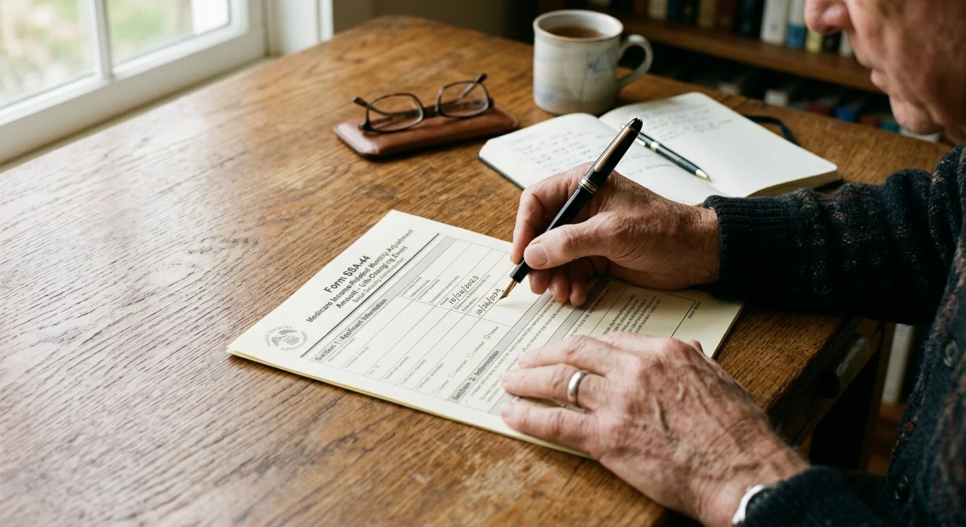 A close-up photograph of a retiree's hands filling out Form SSA-44 with a black ink pen on a wooden desk.