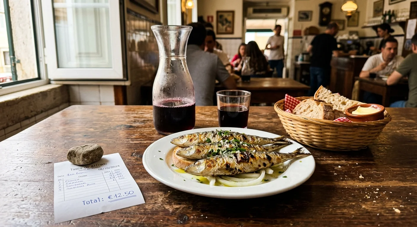 A close-up photograph of a rustic wooden table with grilled sardines, a carafe of red wine, and a handwritten receipt showing 12.50 euros.