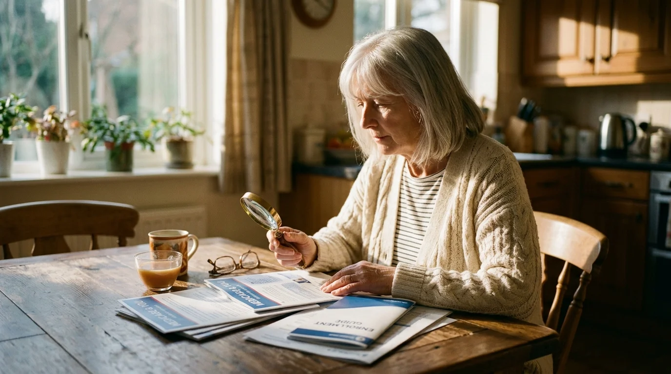 A close-up photograph of a senior woman studying Medicare brochures at her kitchen table in warm morning light.