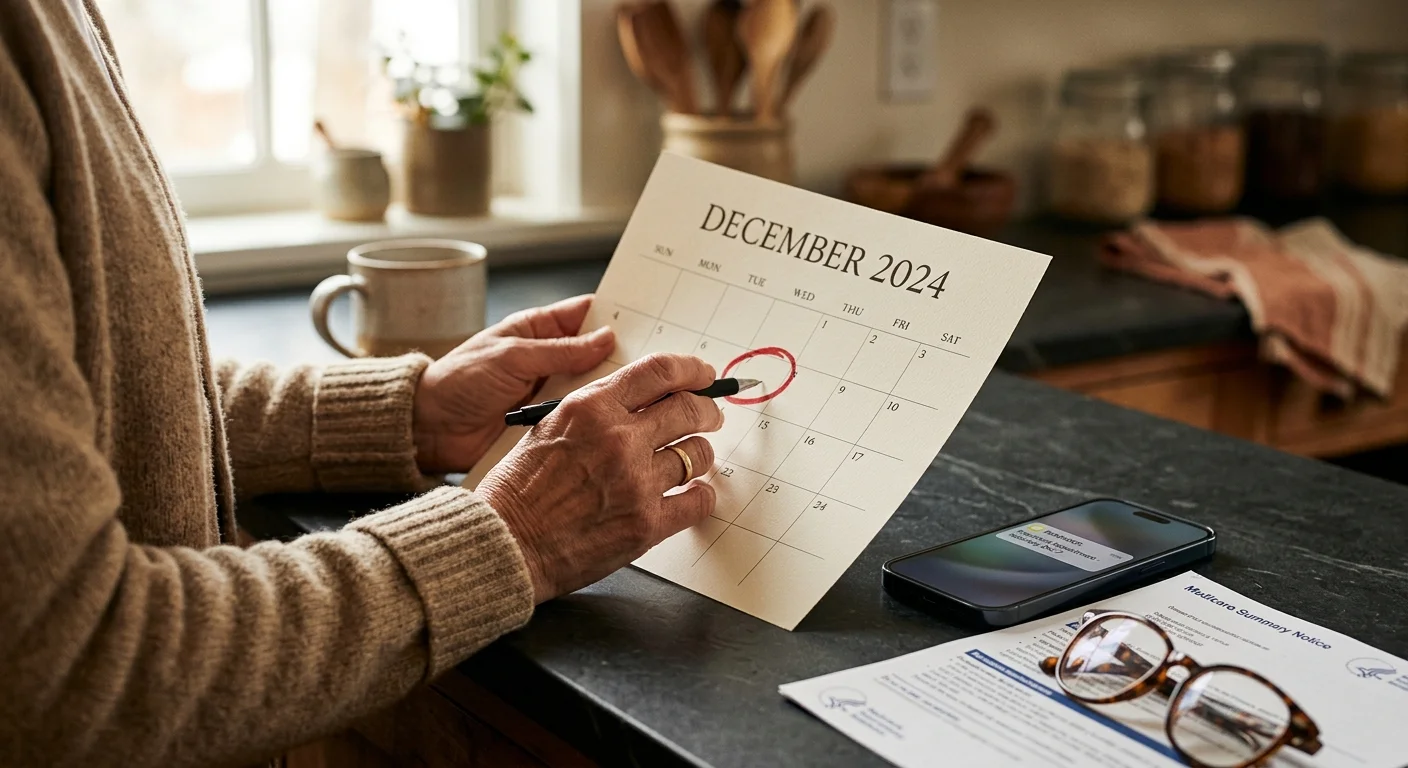 A close-up photograph of a woman's hands holding a calendar page with December 7 circled, alongside Medicare documents.