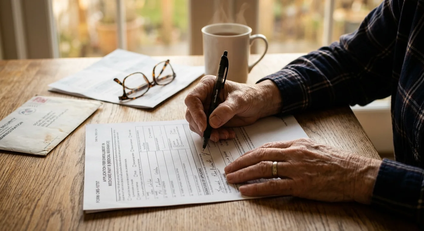 A close-up photograph of an older adult's hands holding a Medicare appeal form at a sunlit wooden table.