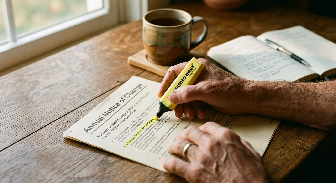 A close-up photograph of hands highlighting a section labeled Changes to Provider Network on an Annual Notice of Change form.