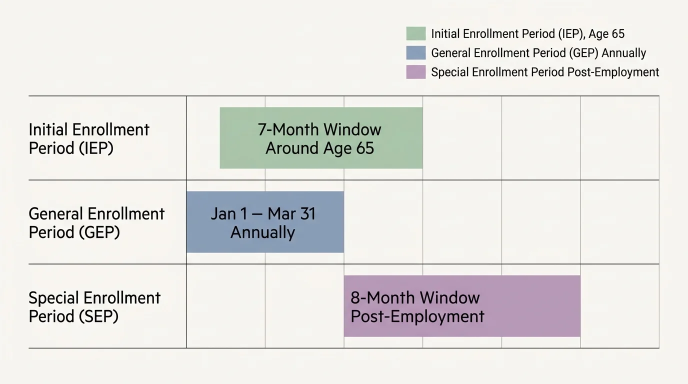 A comparative horizontal chart mapping the timelines for IEP, GEP, and SEP Medicare enrollment windows.